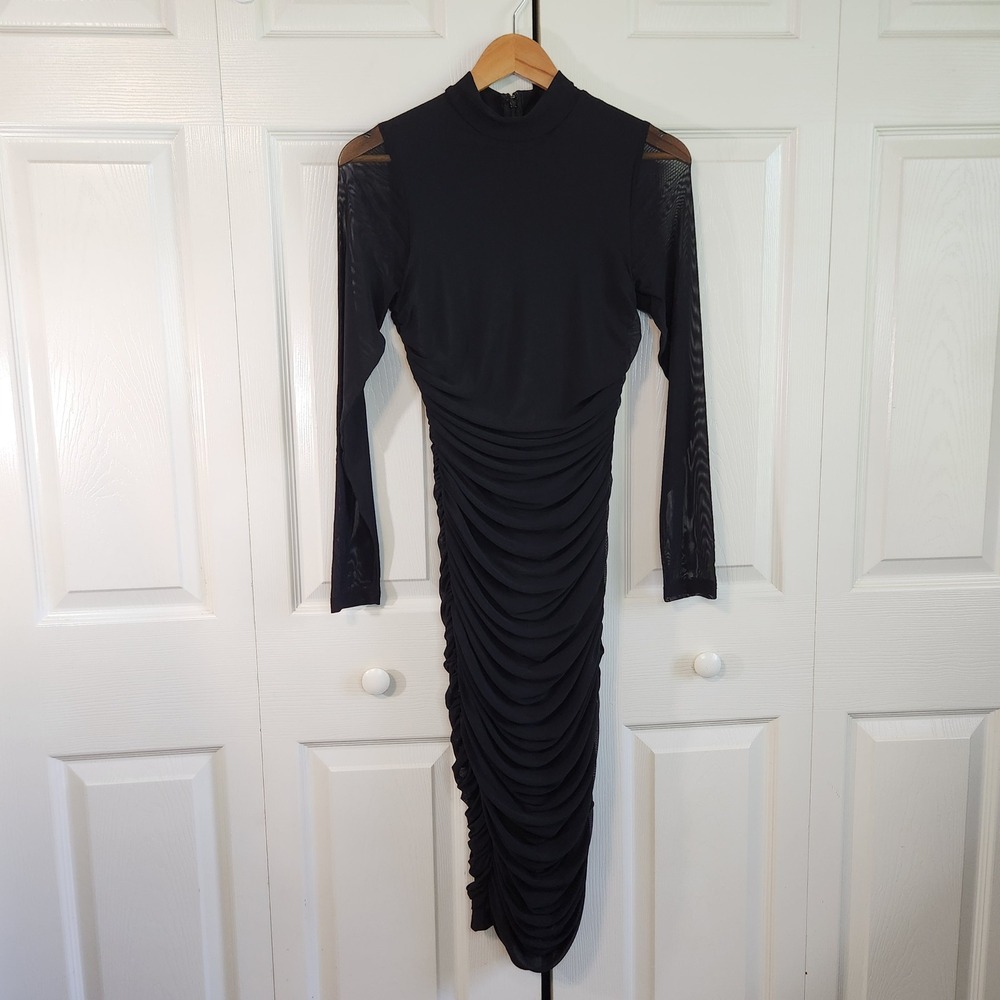 Akira Black Ruched Mesh Bodycon Midi Dress Mock Neck Long Sleeve Womens Small